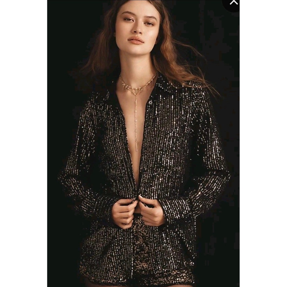 Anthropologie Sequined Button Down Shirt Black Gold Striped Long Sleeve Top 1X